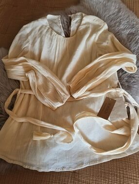 Voriagh Cotton Cream Lightweight Peasant Blouse with Waist Ties